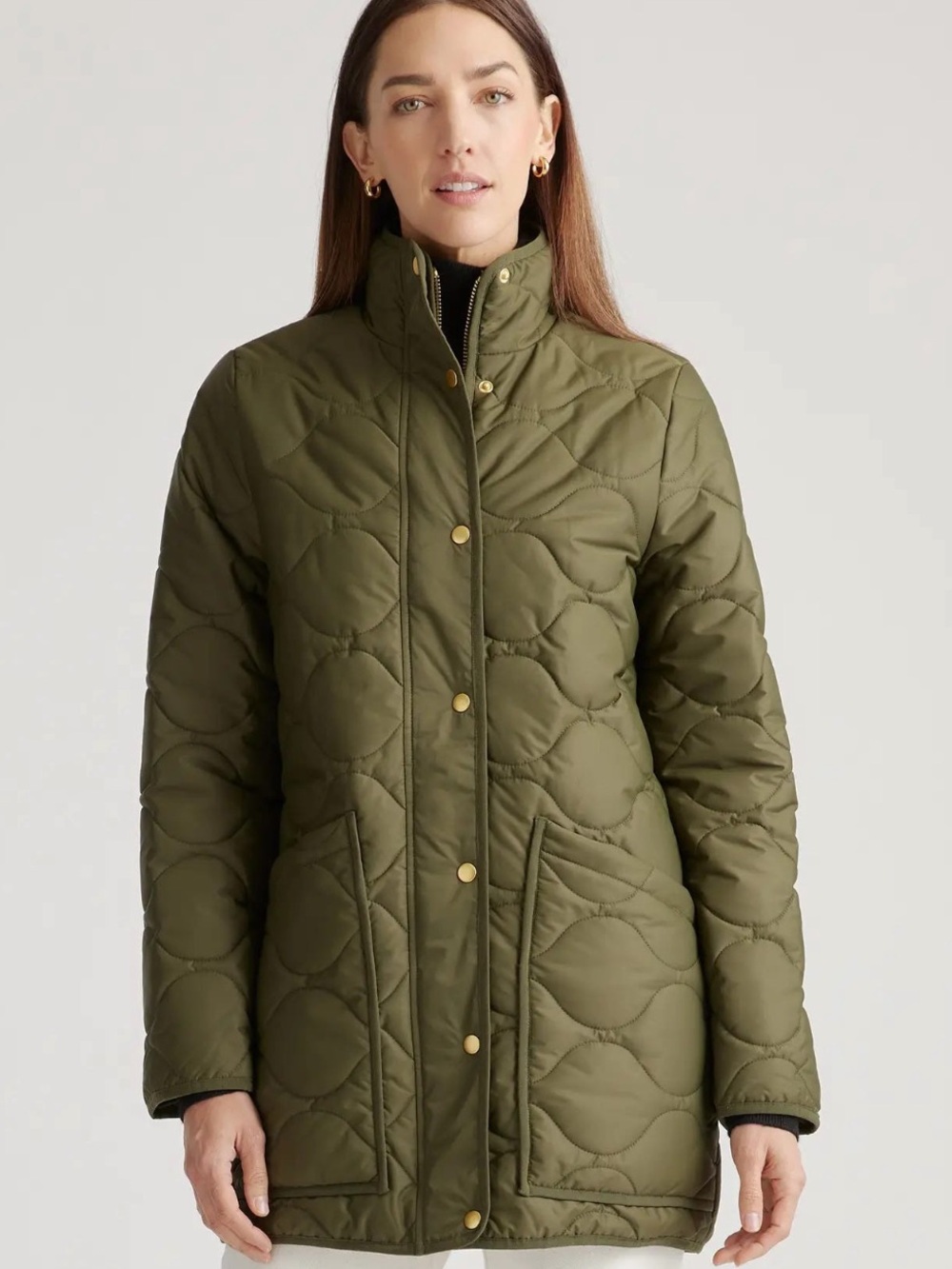 Quince Olive Green Quilted Puffer Jacket with Gold Snaps M